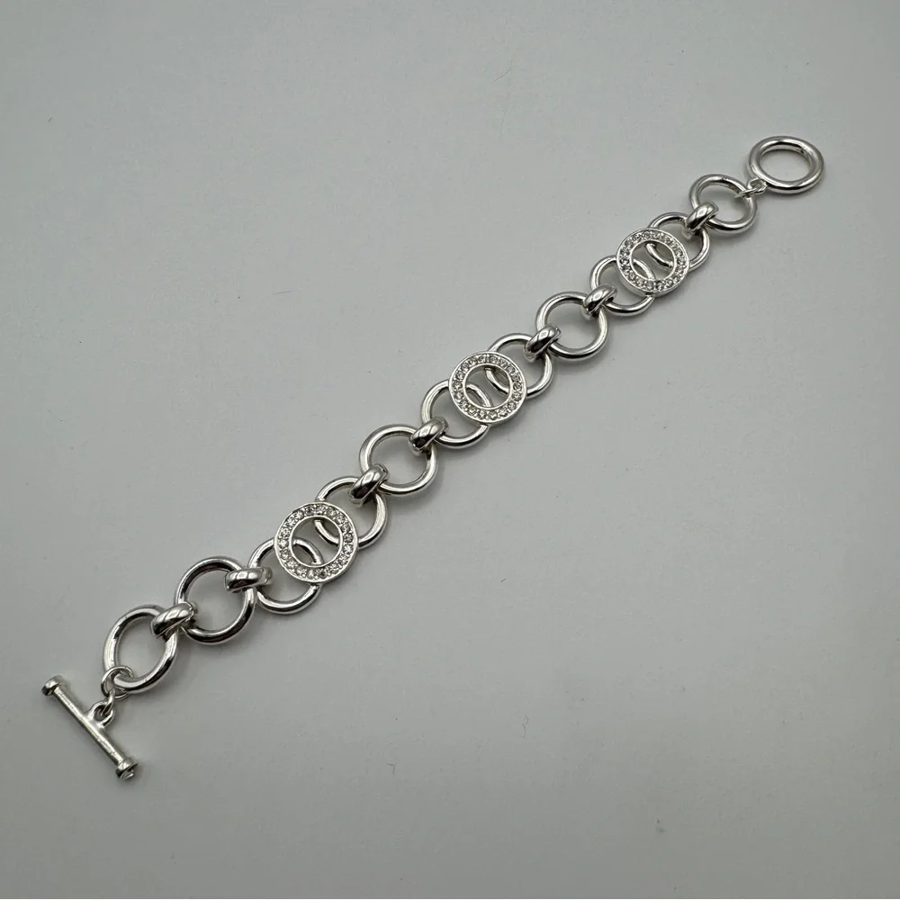 Silver Toggle Bracelet 6.75” Circle Links with Rhinestones - Picture 2 of 5